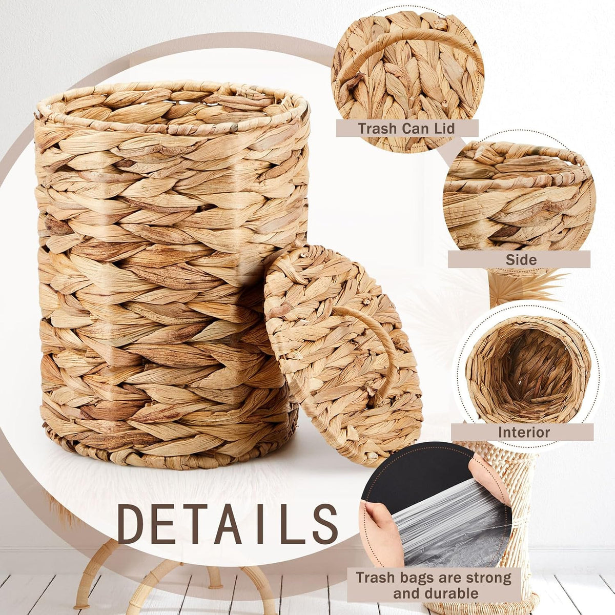 Ctosree 3.8 Gal Large Trash Can with Lid Boho Woven Wicker Waste, Natural