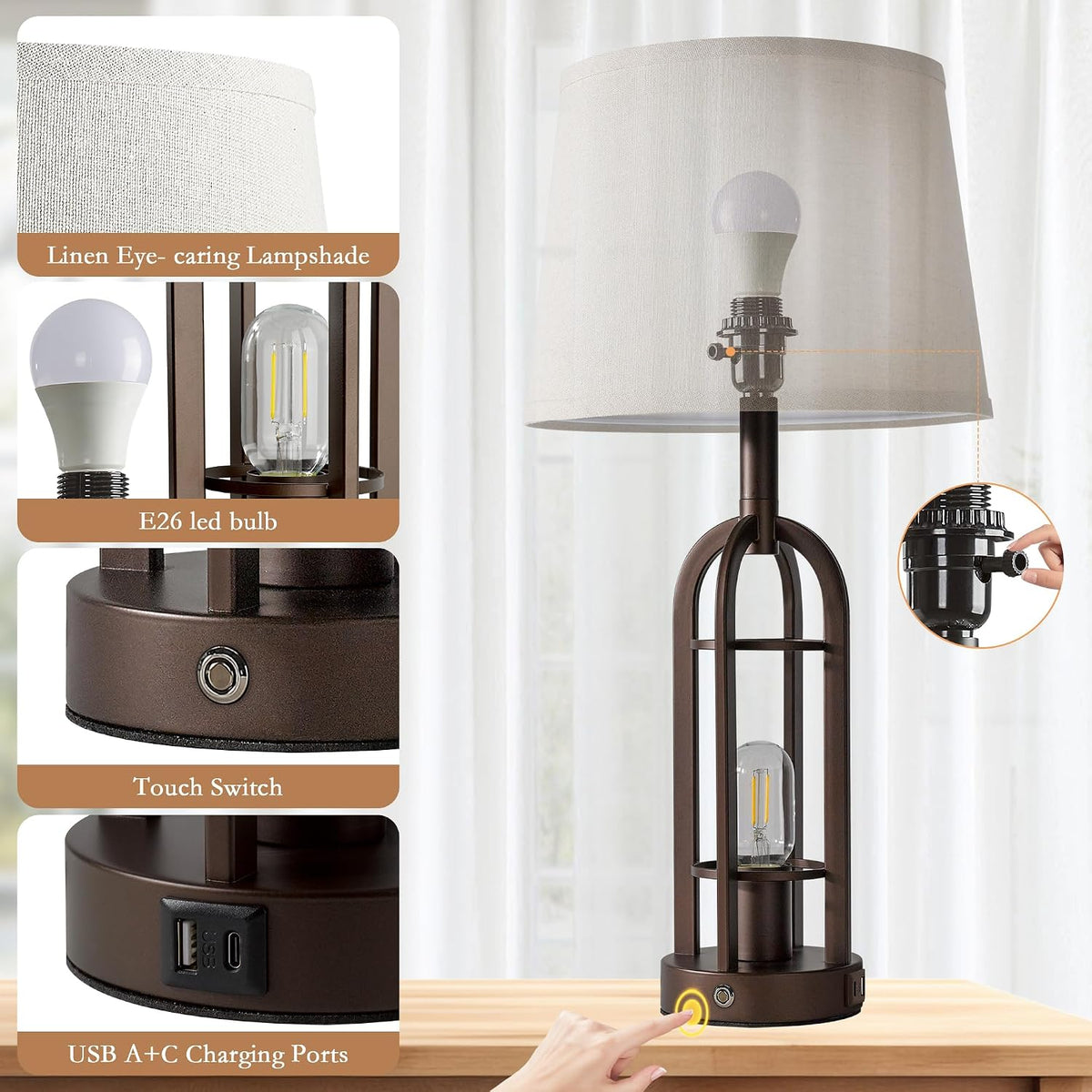 SRJJA 24" Farmhouse Touch Table Lamps for Living Room Set of 2 with USB A+C