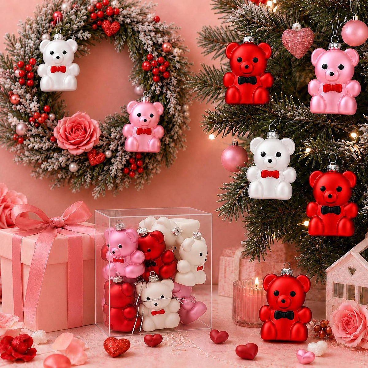 Set of 12 Valentines Tree Decorations, Bear Ornaments for Valentine Tree, Small Red Pink White Ornaments for Christmas Tree, Plastic Hanging Decorations for Party Wedding Anniversary Decor
