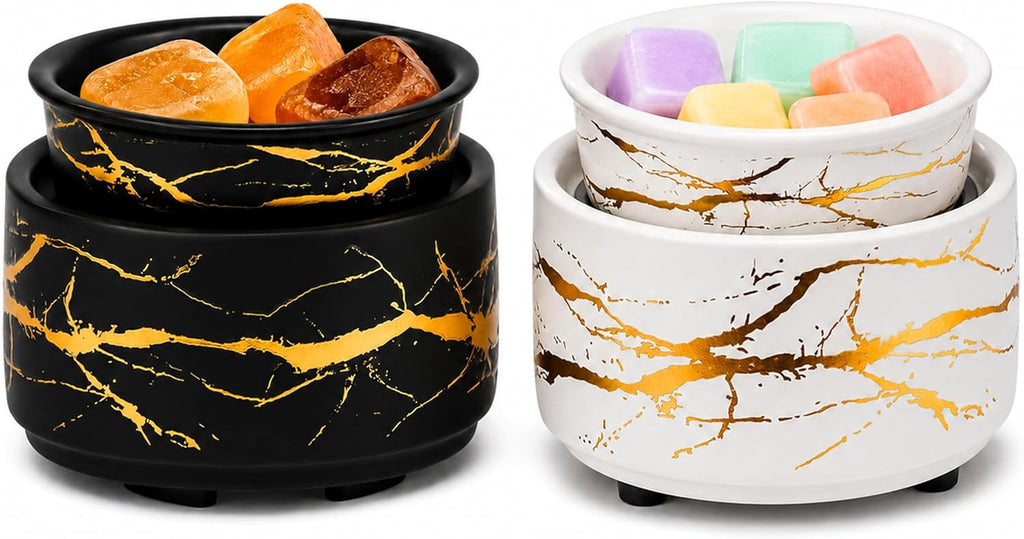 PALANCHY Wax Warmer Set of 2 Black & White Glazed Ceramic with Gold Accents