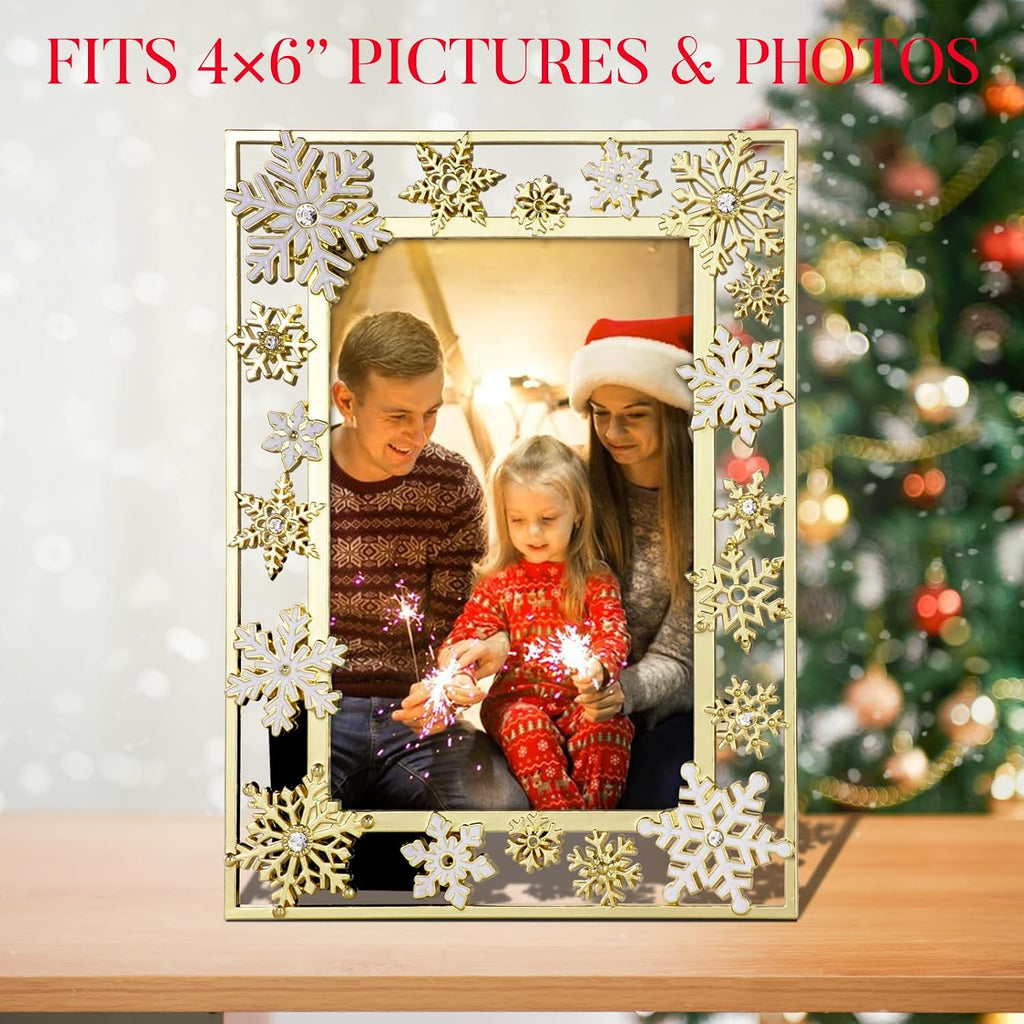 GUOER Christmas Decorations Photo Frame 4x6 Inch Snowflake Christmas Metal Photo Display Picture Photo Frames with High Definition Glass Front Gift Ideas Tabletop Home Decorative (Golden)