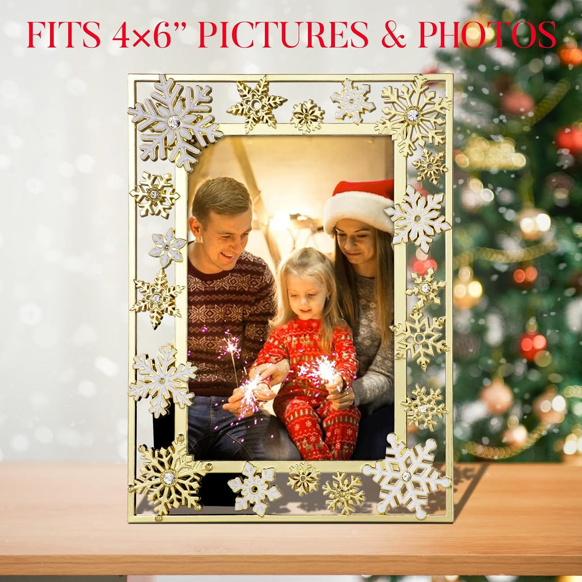 GUOER Christmas Decorations Photo Frame 4x6 Inch Snowflake Christmas Metal Photo Display Picture Photo Frames with High Definition Glass Front Gift Ideas Tabletop Home Decorative (Golden)