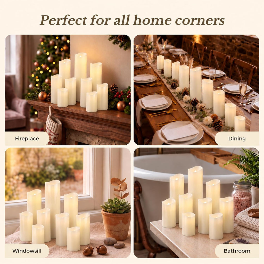 Goodluck Real Paraffin Wax Flameless Pillar Candles, Set of 9 - Ivory
