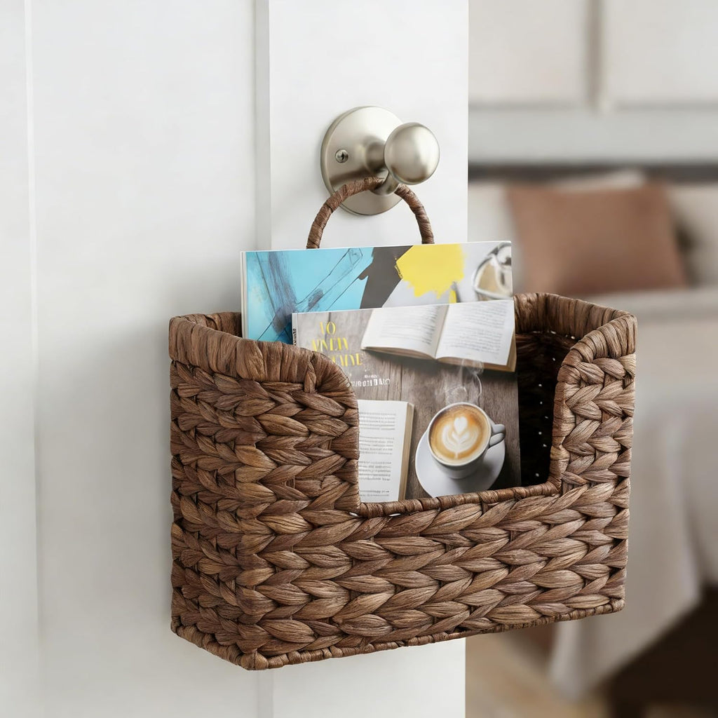 Set of 2 Magazine Holder Wall Basket Water Hyacinth Woven Mail Organizer, Wicker Wall Hanging Baskets for Magazines, Letters & Storage Decorative Mail Holder, Magazine Rack, Hanging Basket, Coffee