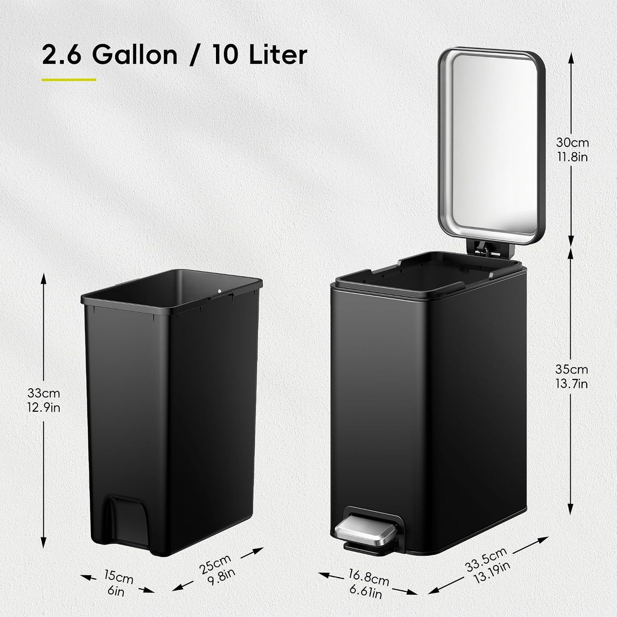 EKO Small Bathroom Trash Can with Lid Soft Close, Step Pedal, 10 Liter / 2.6 Gallon Stainless Steel Garbage Can with Removable Inner Bucket, Anti-Fingerprint Finish (Matte Black)