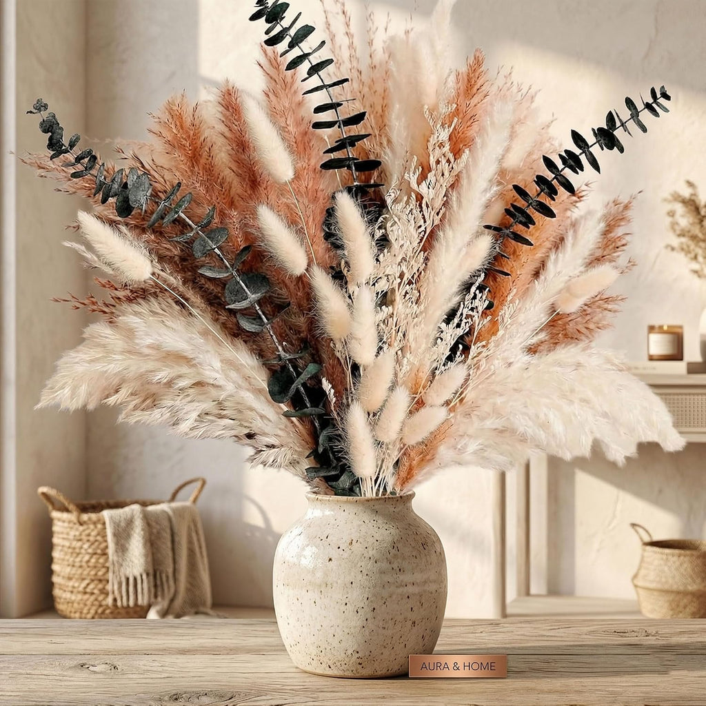 Dried Flower Bouquet - Pampas Grass, Bunny Tails, Olive Green Eucalyptus & Preserved Flowers - Boho Chic Home Decor, Rustic Wedding Centerpiece, Farmhouse Style Arrangement (Vase Not Included)