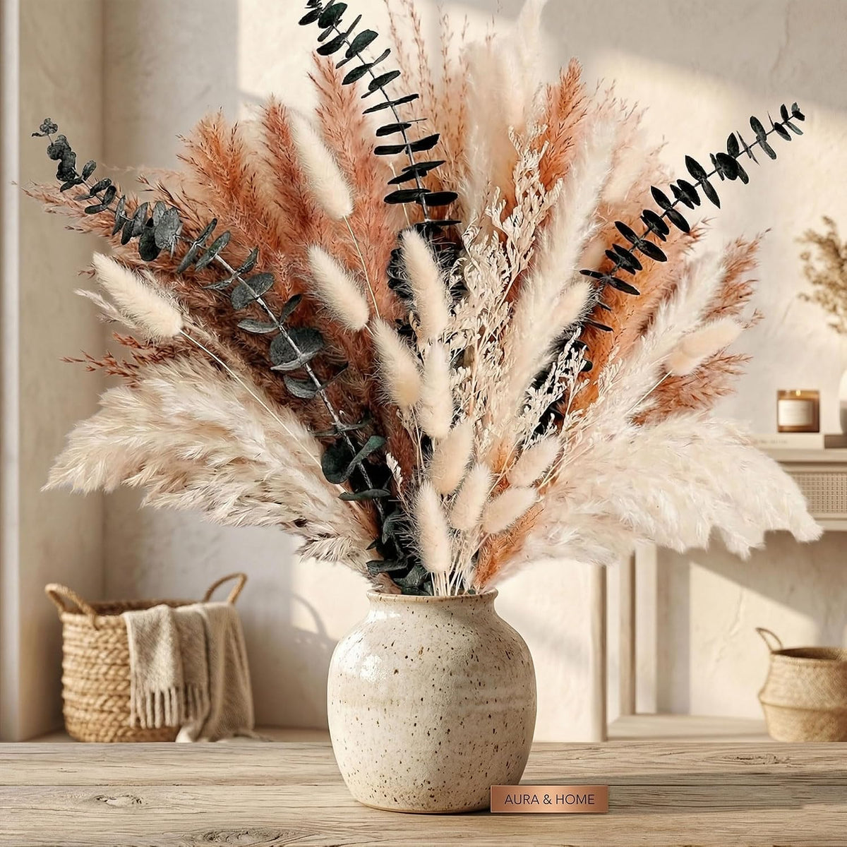 Dried Flower Bouquet - Pampas Grass, Bunny Tails, Olive Green Eucalyptus & Preserved Flowers - Boho Chic Home Decor, Rustic Wedding Centerpiece, Farmhouse Style Arrangement (Vase Not Included)