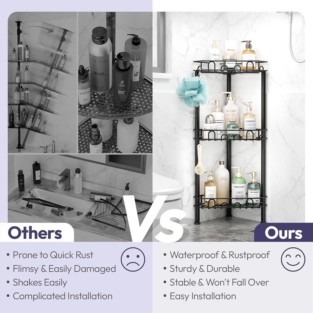 SWTYMIKI Standing Shower Caddy Corner - 3‑Tier Stainless Steel Shower Organizer Shelf with 12 Hooks and Adhesive Pads, Rustproof Corner Shelves Stand Rack for Bathroom Shower Room, Black