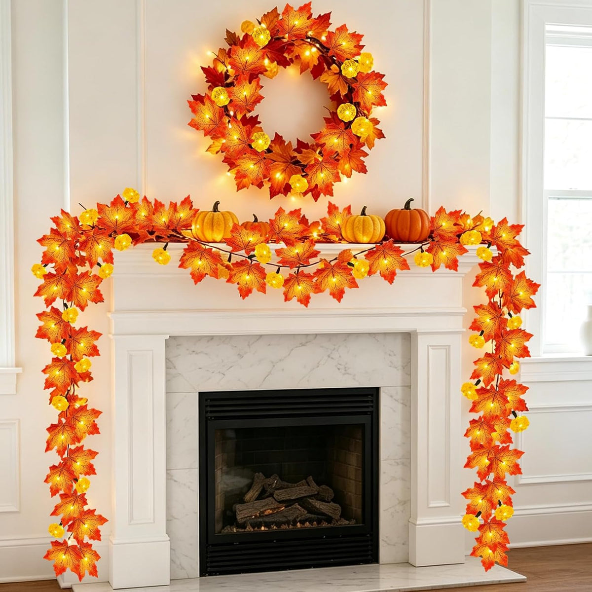 Timer&3 Pack Thanksgiving Decor Fall Garland with Pumpkin Lights 60LED