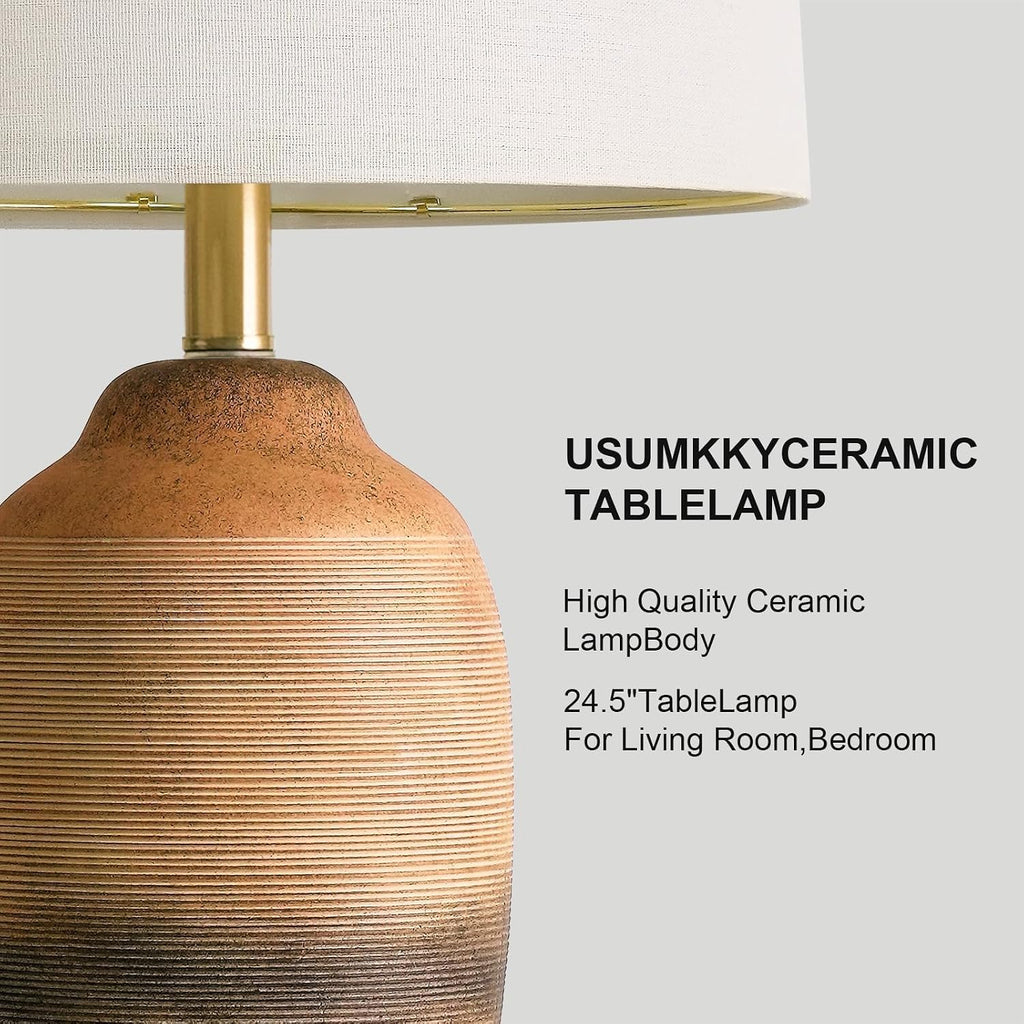 24.5" Handcrafted Ceramic Table Lamp with 5FT Cord, Single Farmhouse Vintage Rustic Bedside Lamp for Living Room Bedroom, Linen Shade Nightstand End Table Decor (Bulb Not Included)Earthy Yellow