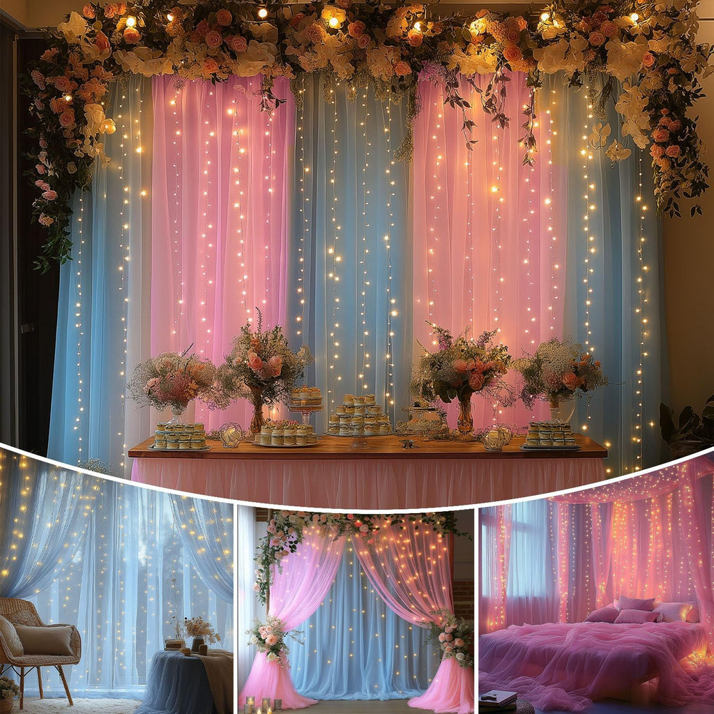 Pink and Blue Tulle Backdrop Curtains with Lights String – 2 Panels 5x8ft Sheer Backdrop for Gender Reveal, Baby Shower, Boy or Girl Birthday Party, Photo Shoot, Party Decorations
