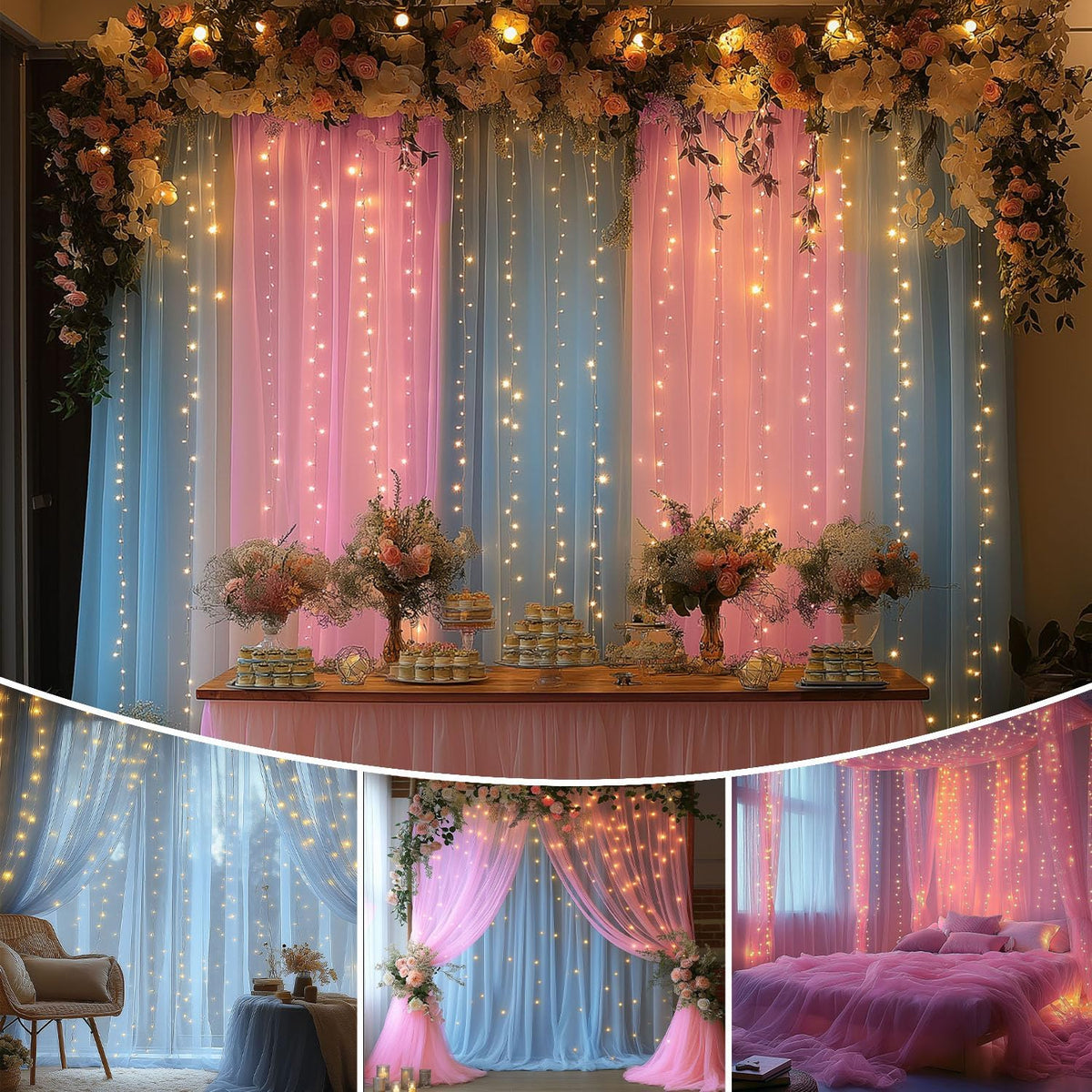 Pink and Blue Tulle Backdrop Curtains with Lights String – 2 Panels 5x8ft Sheer Backdrop for Gender Reveal, Baby Shower, Boy or Girl Birthday Party, Photo Shoot, Party Decorations
