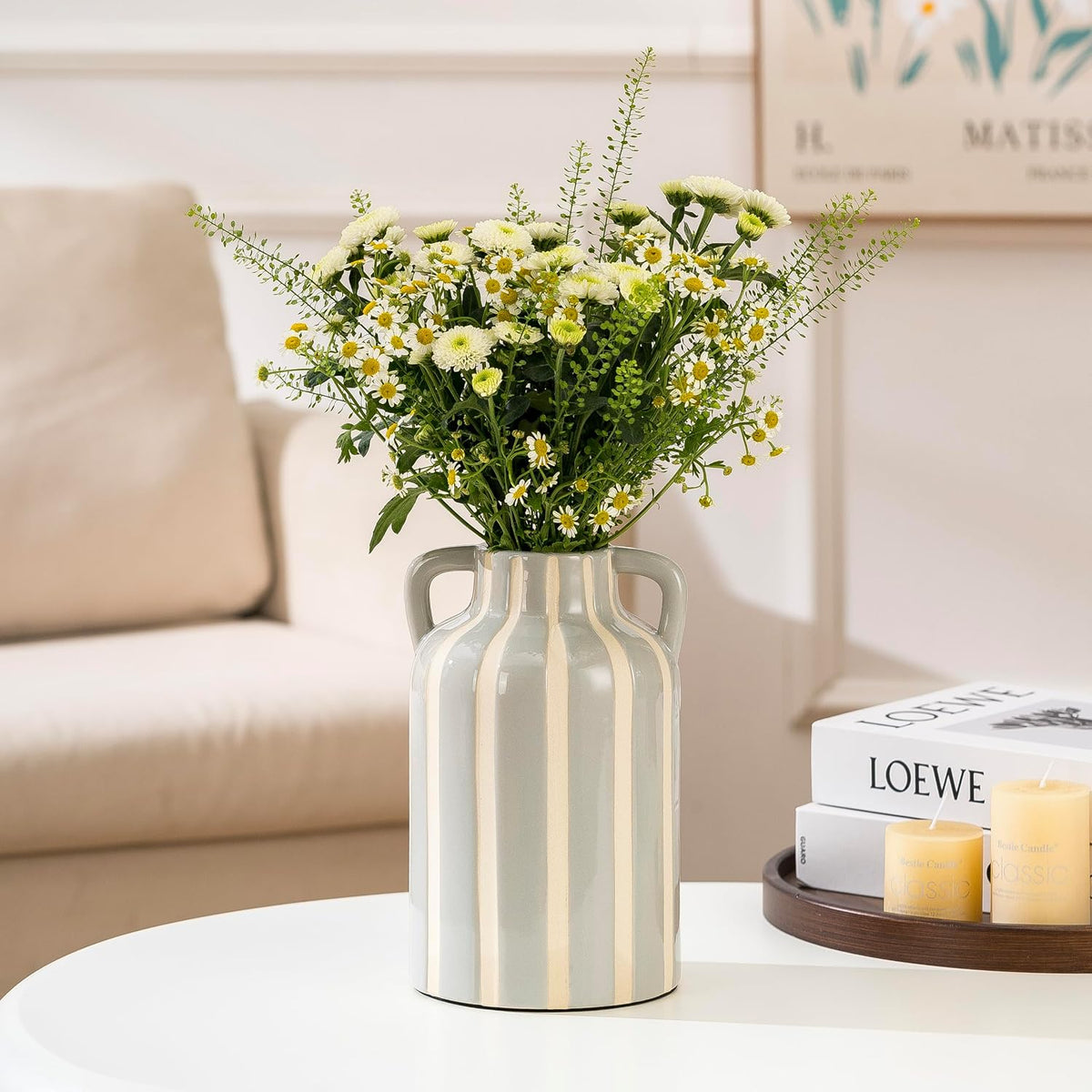 SURE YUESI Grey Ceramic Vase with Handles, Modern Farmhouse Striped Decorative Vase, 9.1" Art Deco Tall Flower Vases for Pampas Grass, Shelf Decor, Dining Table Centerpiece, Living Room Home Decor