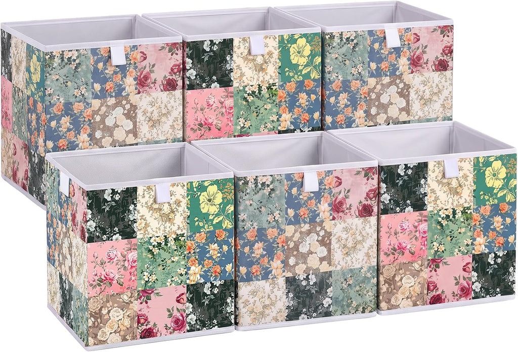 Yookeer 6 Pcs Green Floral Cube Storage Bin 11" Foldable Basket with Handle