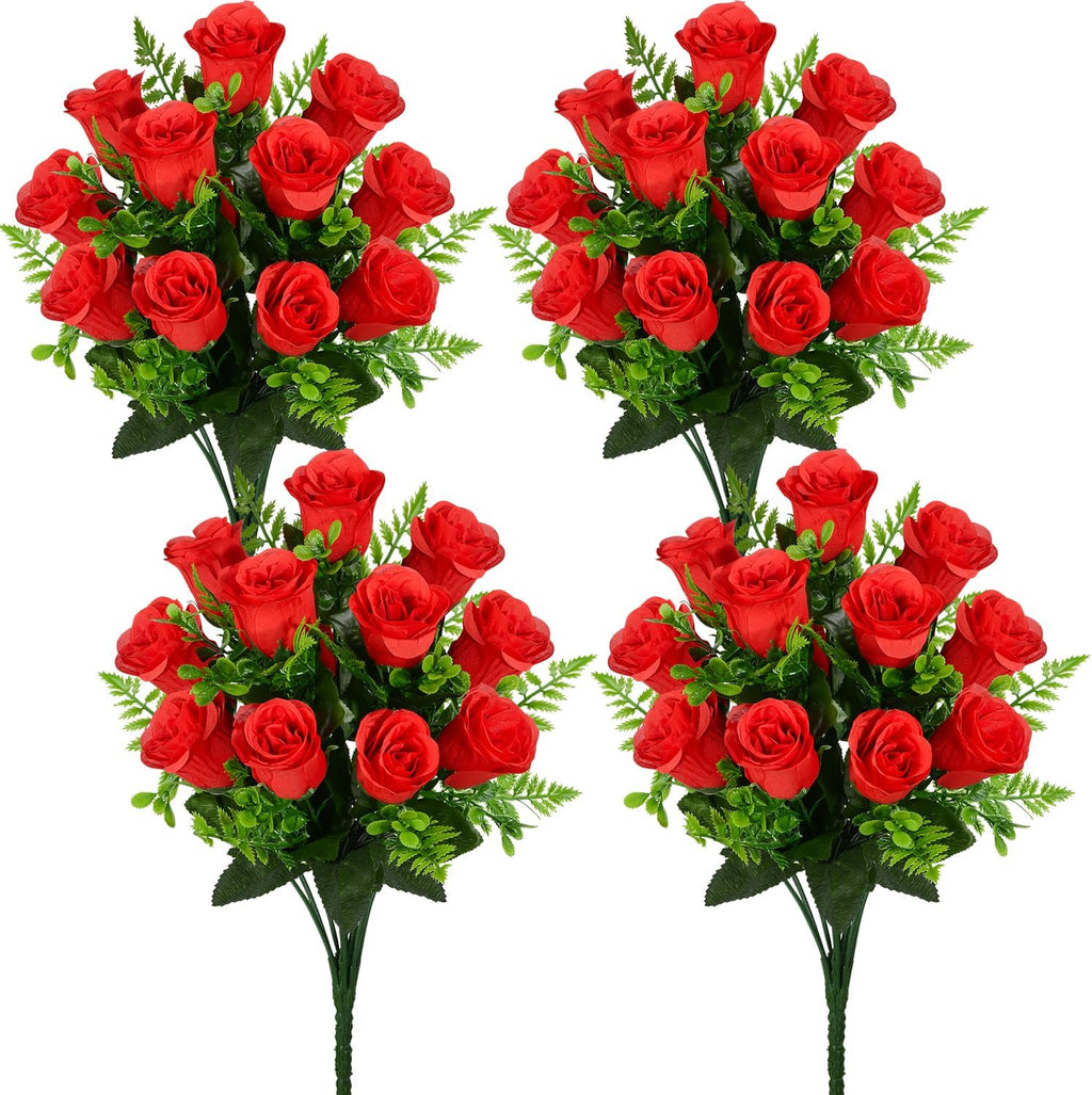 Artificial Rose Flowers Bouquet Realistic Silk Rose Fake Flowers for Wedding Home Centerpieces Party Cemetery Grave Decoration (4 Bouquets, Red)