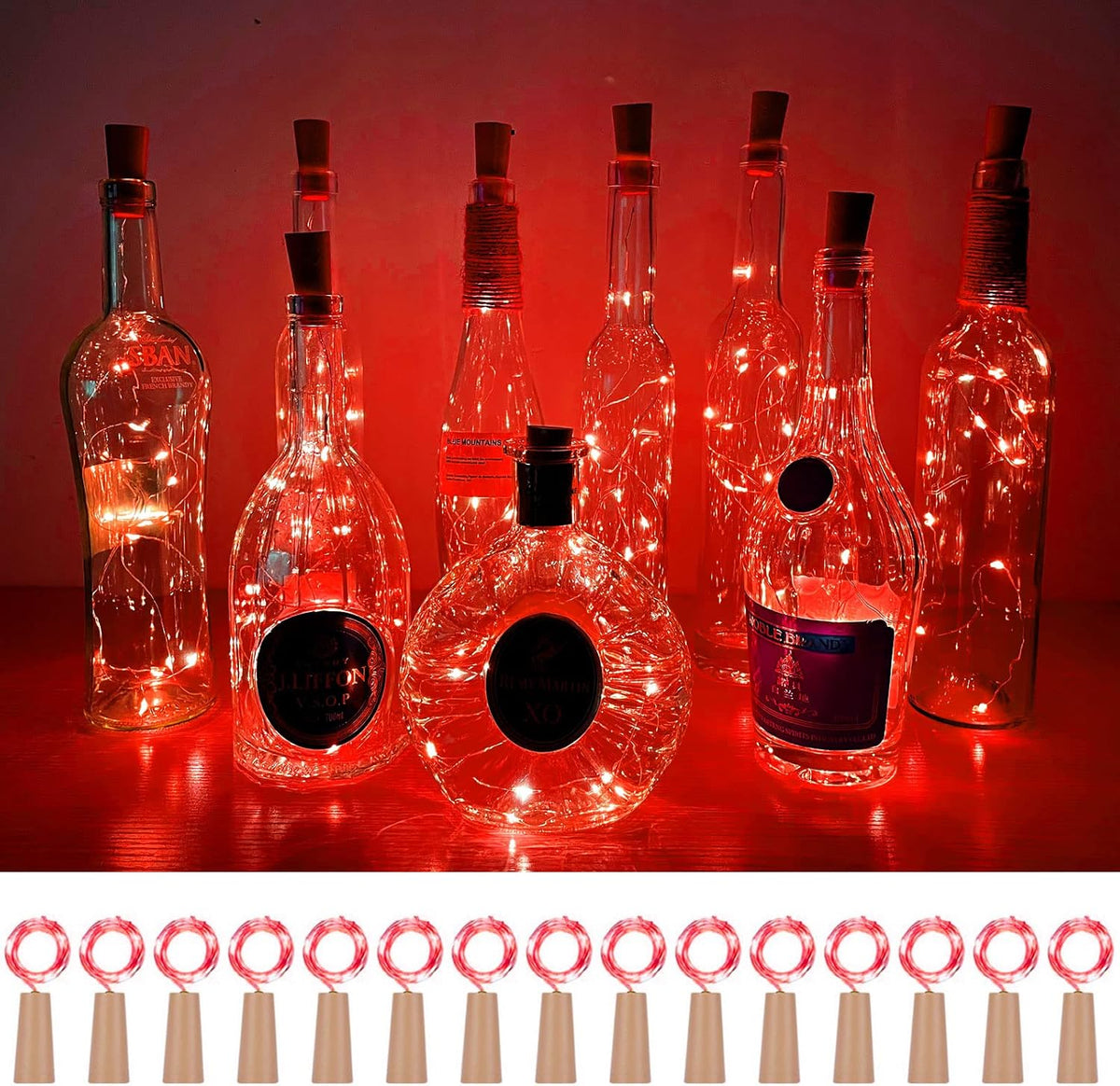 SmilingTown Wine Bottle Cork Lights 15Pack 10 LED 40 Inches Battery Operated Silver Wire Liquor Bottle Fairy Mini String Lights for Party Christmas Halloween Wedding Decoration (Red)