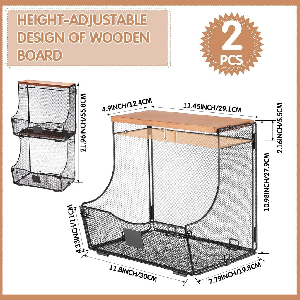 Honeydak 2 Pack Stackable Fruit Basket with Lid and Label Plate, Wall Mounted or Kitchen Countertop Metal Wire Storage for Onion, Potato, Vegetable & Produce Organizer
