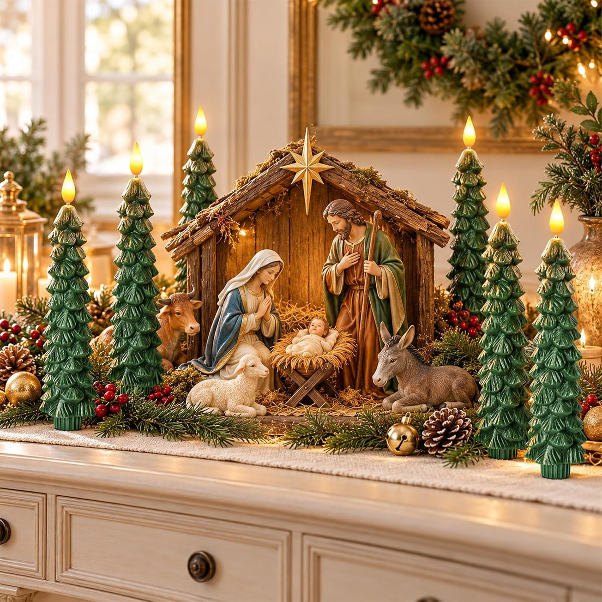 Flameless Christmas Tree Shaped Candles, Taper Xmas Window Decor Gifts