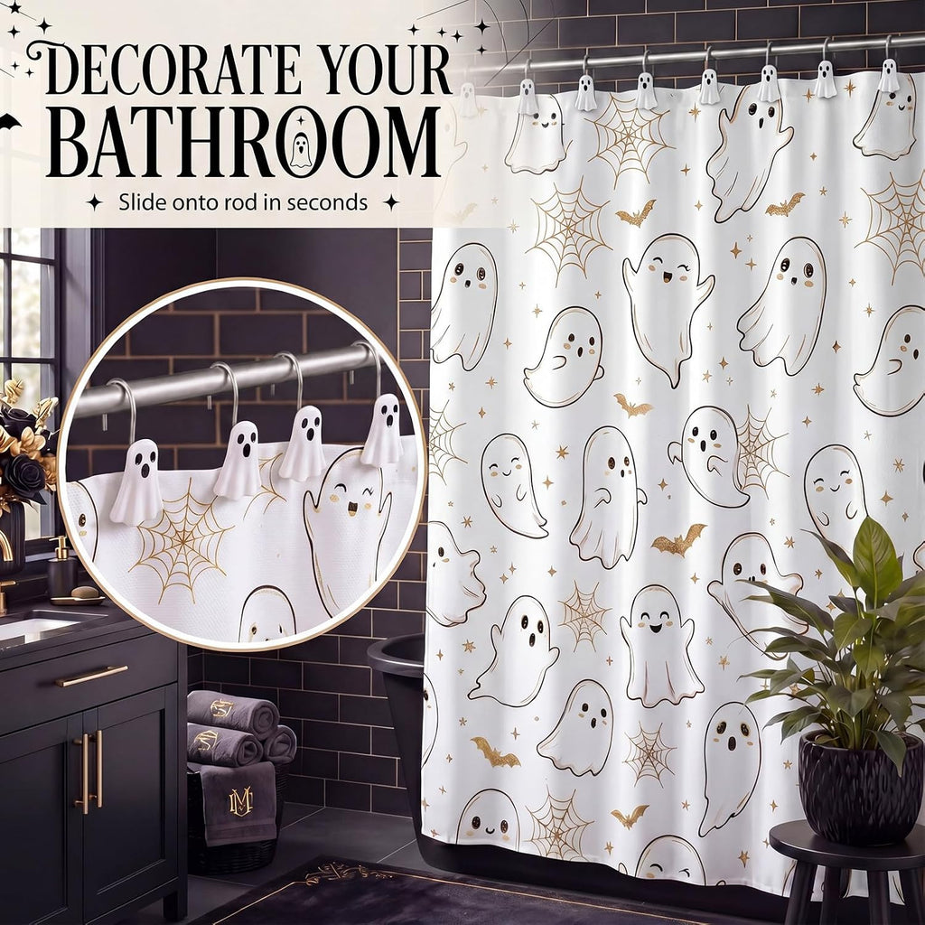 Weysat 12 Pcs White Ghost Halloween Shower Curtain Hooks Bathroom Decor