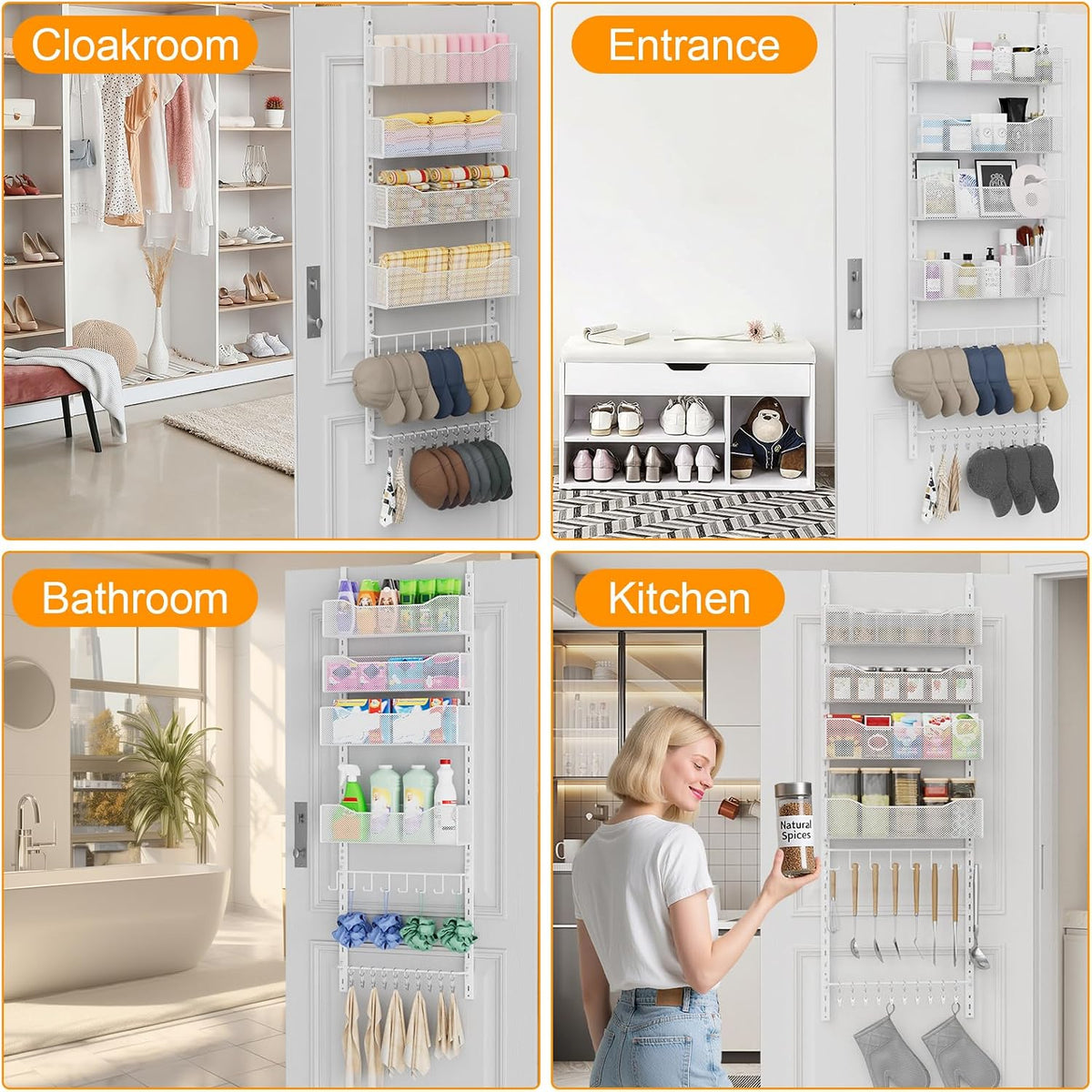 Over the Door Organizer, 2 in 1 Metal Hanging Closet Organizer & Hat Rack with 4 Adjustable Baskets, 8 Hooks, 10 Clips, Behind The Door Storage for Bedroom, Bathroom, Entrance, Closet, Kitchen, White