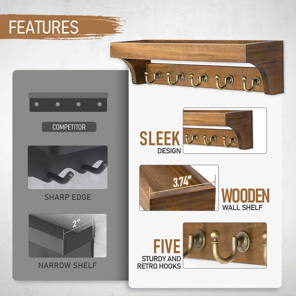 Rebee Vision Acacia Wood Key Holder Wall Mount for Room Decor, Brown