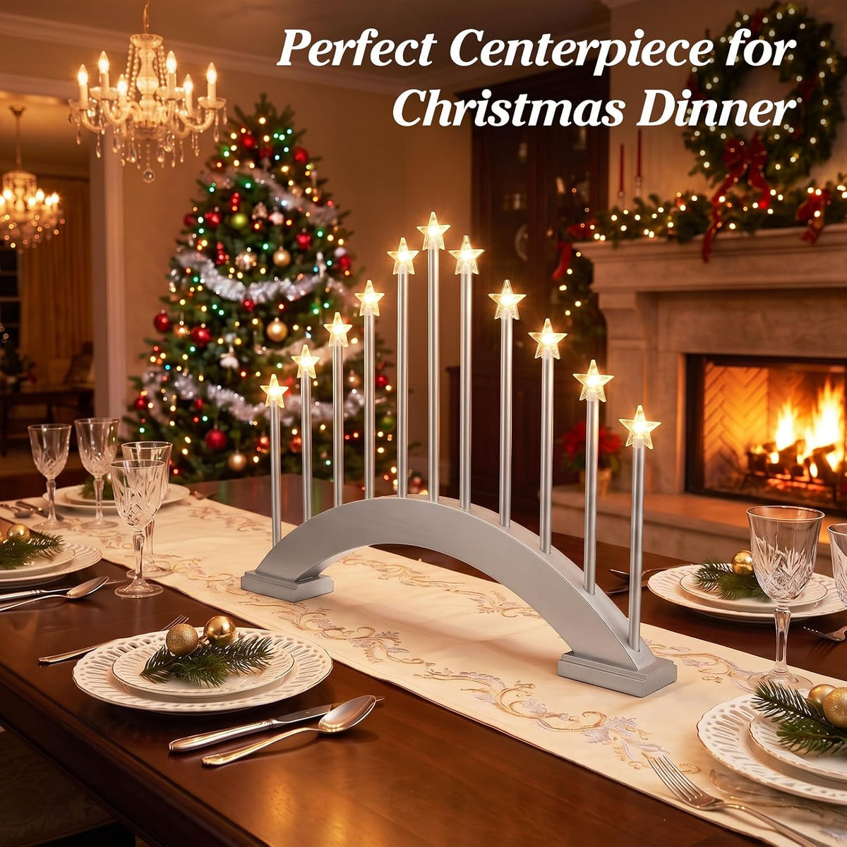 Lewondr Christmas Swedish Candelabra, 11 Flameless Taper Candles, Silver