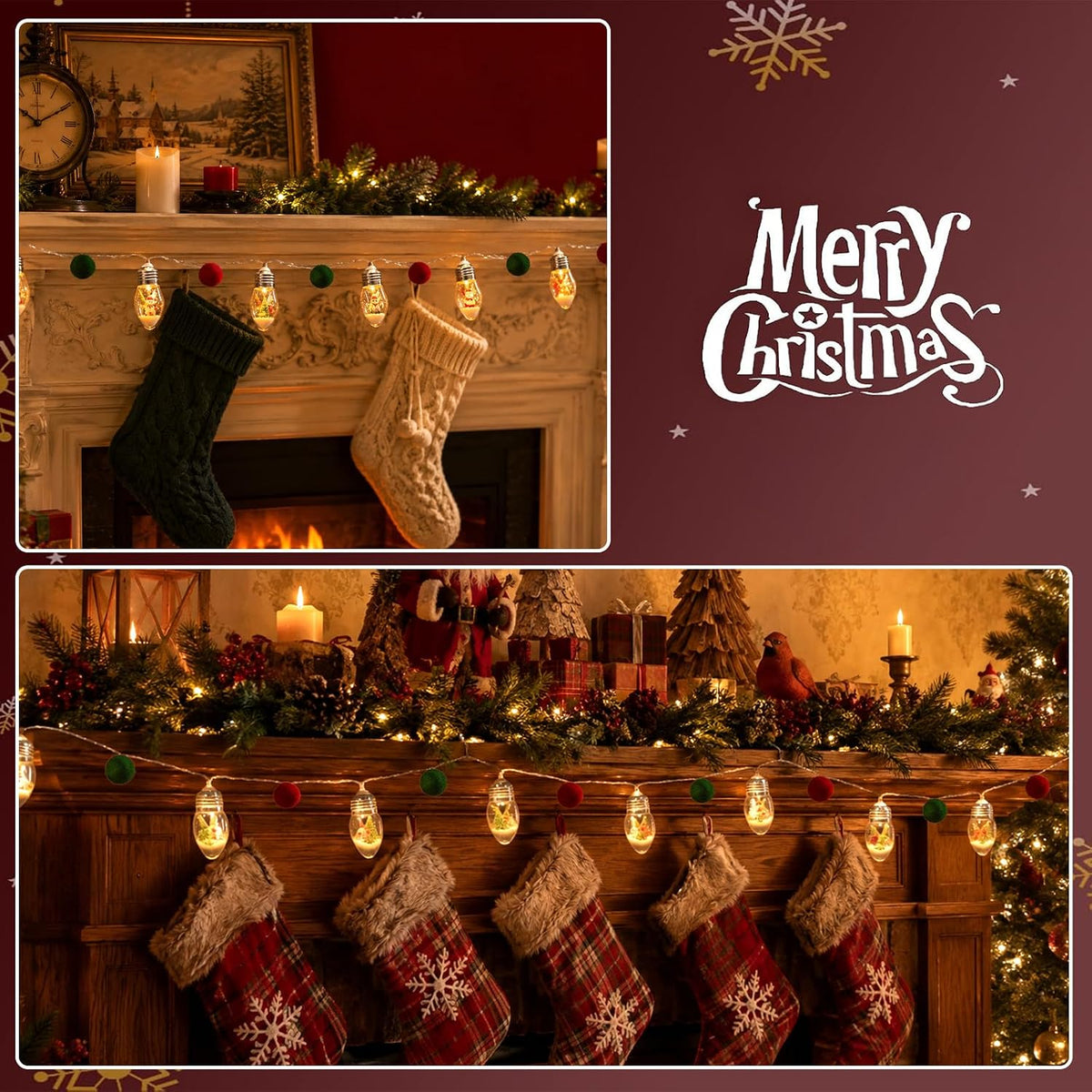 6.6FT Christmas Vintage Decor String Light - 10LED Snow Globe Bulbs String Lights with Tree & Snow & Cute Ornaments Christmas Indoor decorations for Home Patio Mantel Fireplace Xmas Tree Decoration