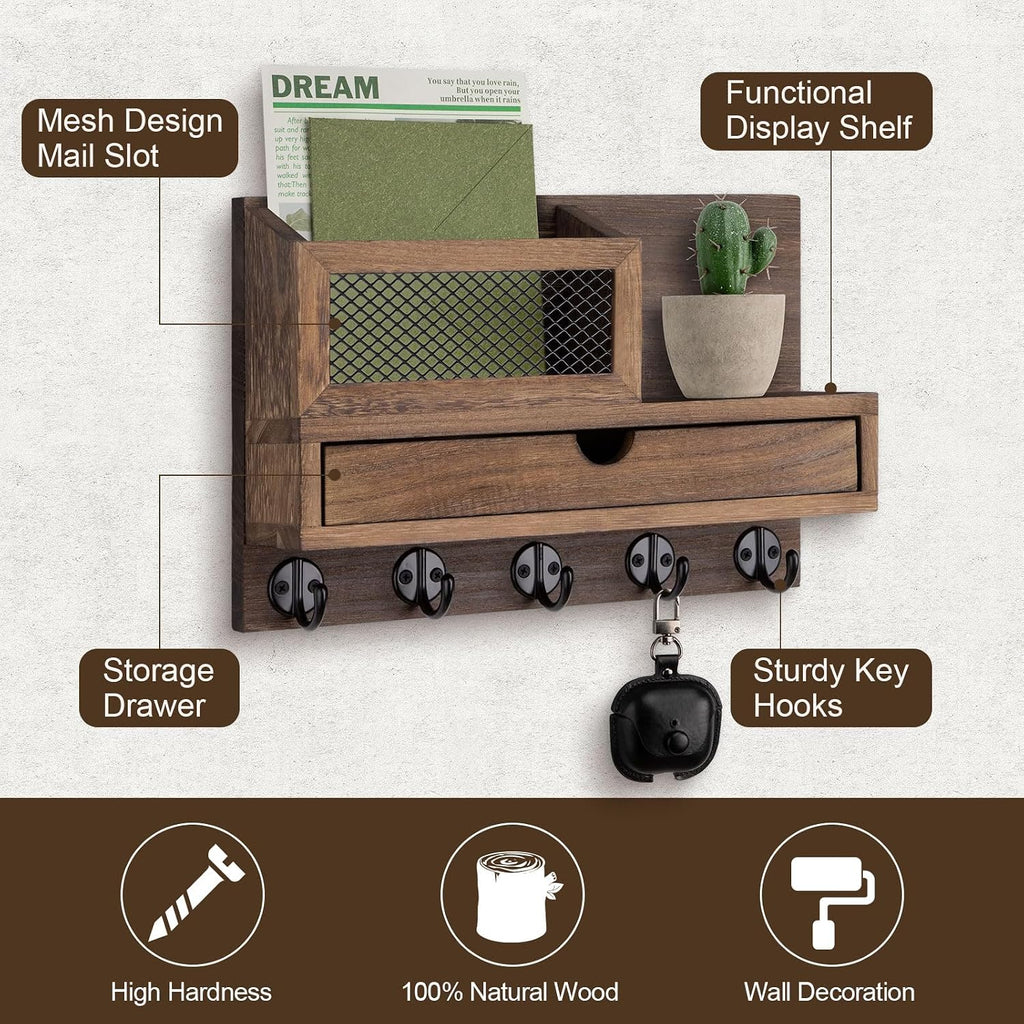 Key Holder for Wall with 5 Key Hooks and Storage Drawer