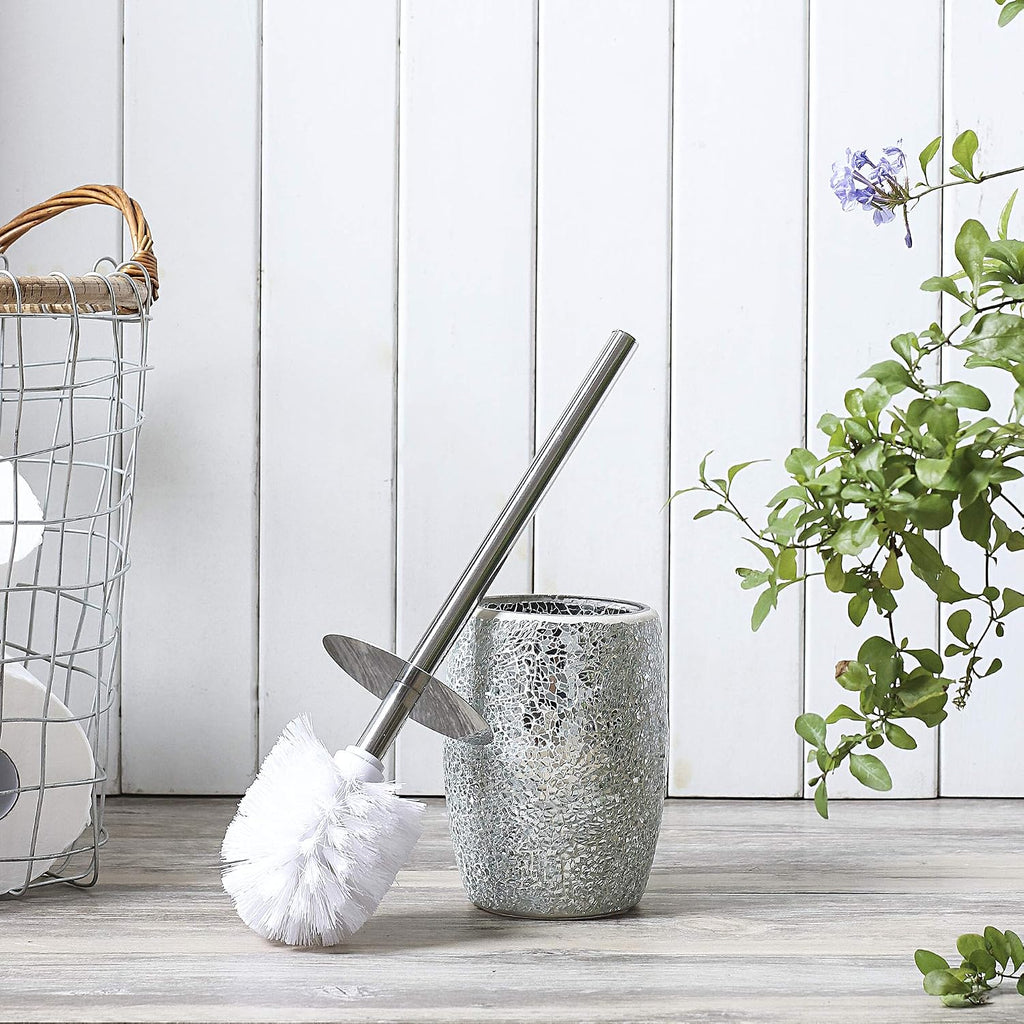 WHOLE HOUSEWARES Modern Toilet Brush Set (Silver) - Glass Mosaic Bathroom Accessory with Sturdy Bristles and Holder