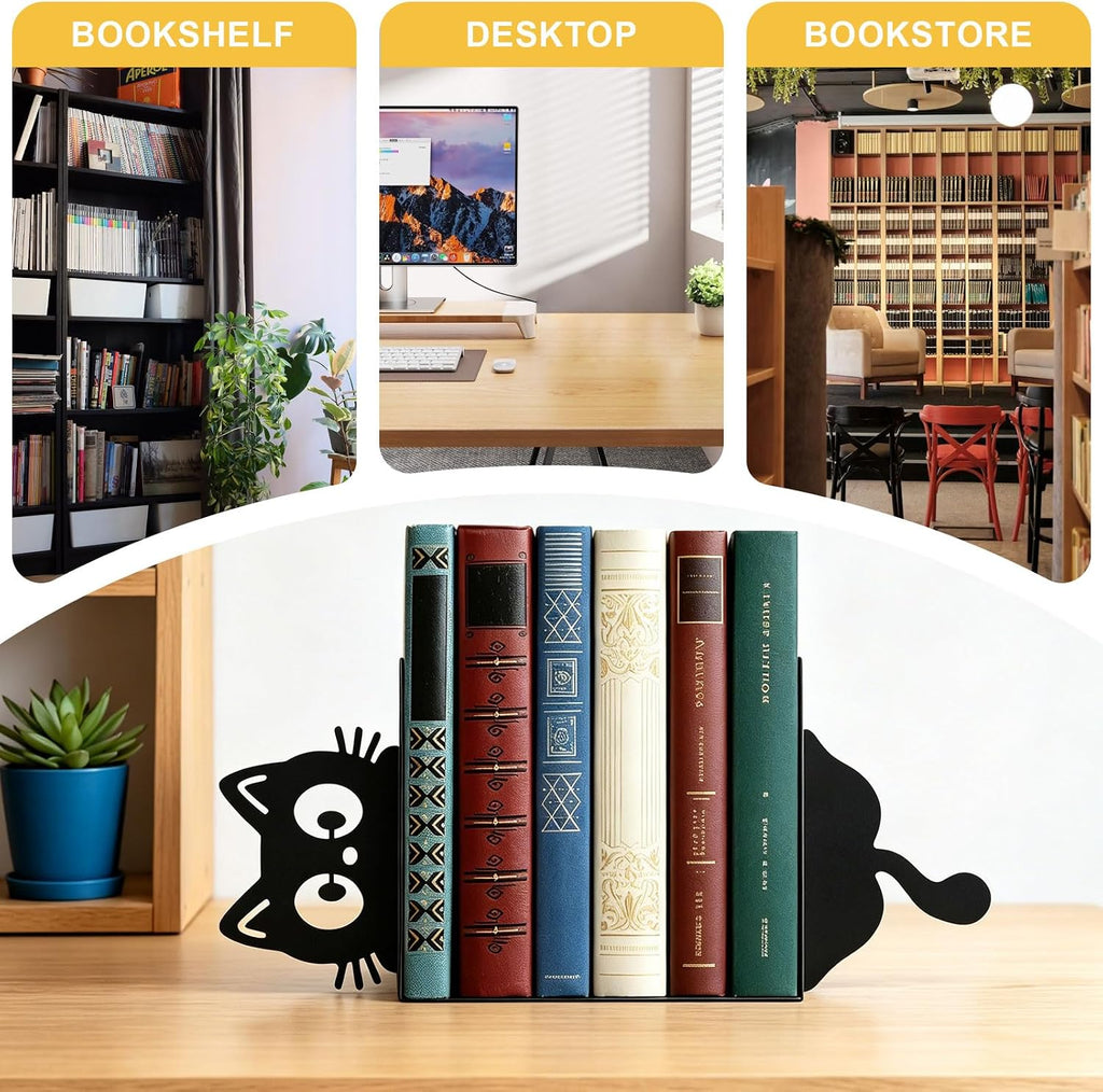 Cat Bookends Set of 2, Peeping Cat Bookends for Shelves Decorative