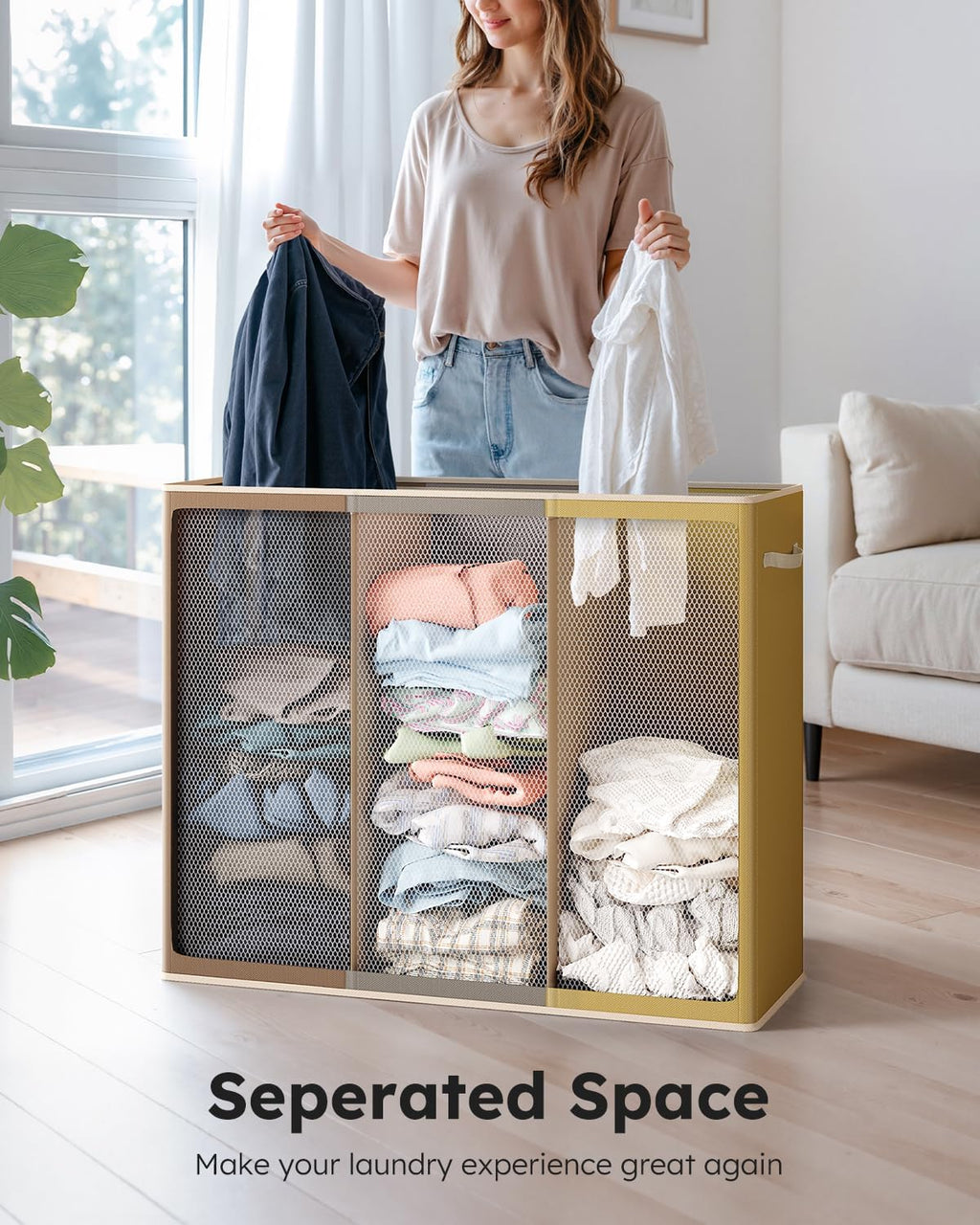 SOLEDI 180L 3-Section Laundry Hamper with Lid, Extra Large Dirty Clothes Basket with Sturdy Handles for Laundry Room & Bedroom - Durable Organizer for Sorting Laundry