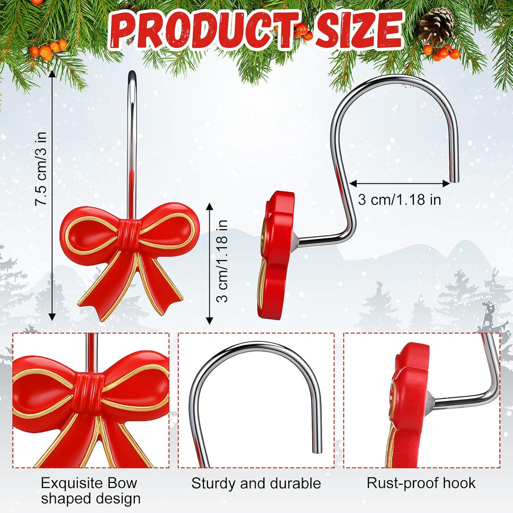 Weysat 12 Pcs Red Bow Christmas Shower Curtain Hooks Bathroom Decor