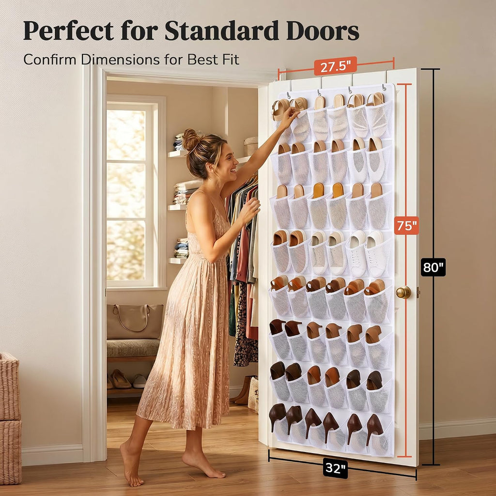 48 Pockets Over the Door Shoe Organizer, Fits Women's Shoes Up to US Size 9, 6-Column Heavy Duty Shoe Storage for Sneakers & Heels, Mesh Hanging Rack for Entryway, Bedroom & Dorm, White