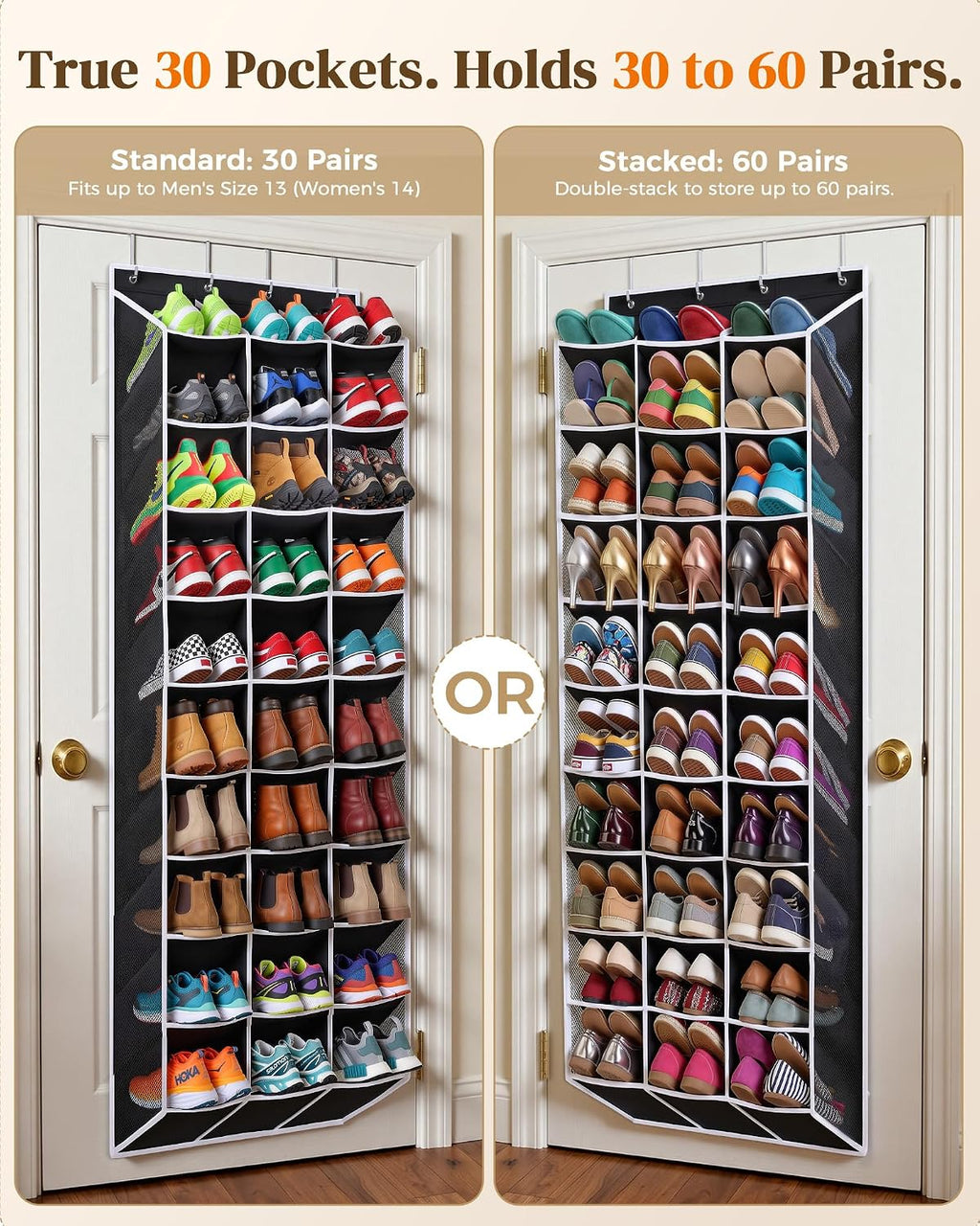 30-60 Pair Over Door Shoe Organizer, 26" Extra Wide Shoe Storage Rack Black