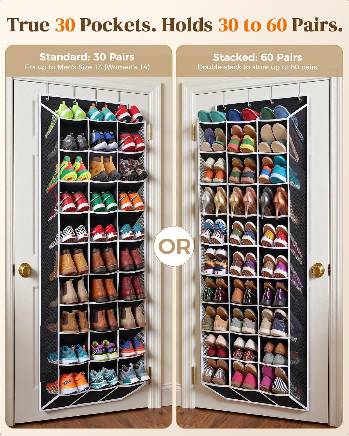 30-60 Pair Over Door Shoe Organizer, 26" Extra Wide Shoe Storage Rack Black
