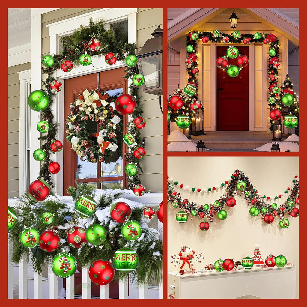 Lanpn 6Pcs 6" Large Outdoor Christmas Ornaments, Xmas Tree Elf Swirl Ball Decoration, Big Red Green Christmas Ornament, Giant Glittering String Ball Plastic Hanging Decor for Lawn Yard Holiday Party