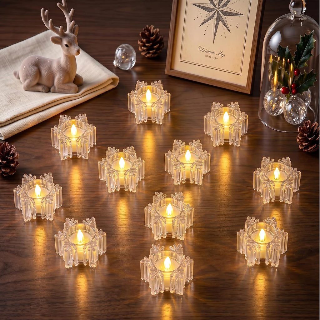 AVEKI 12 Pack Crystal Flameless Tea Lights Candles Battery Operated, Snowflake Flameless Tealight Candles for Halloween Christmas Wedding Party Home Decor (Snowflake)