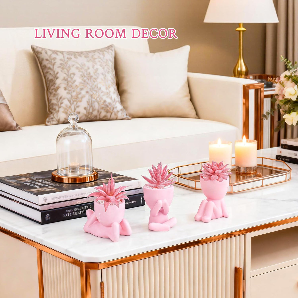 Der Rose 3 Pack Fake Succulents in Pink Human Pots for Desk Decor