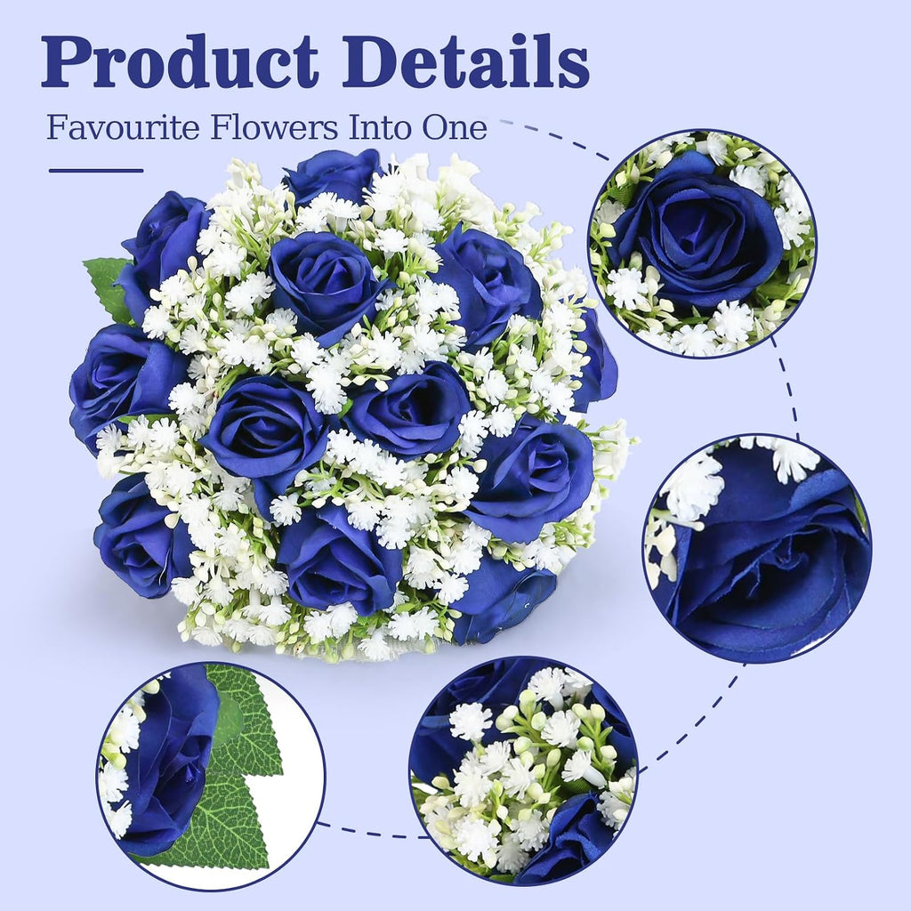 Artificial Bridesmaid Bouquets Set of 6 for Wedding-7 inch Navy Blue Flowers Bouquets for Bridesmaids, Faux Rose Gypsophila Rustic Small Floral Bouquet Fake Wedding Party Ceremony Anniversary Decor