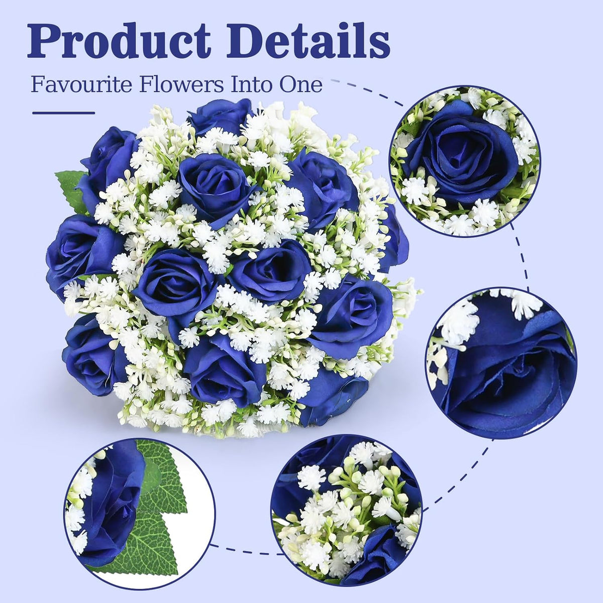 Artificial Bridesmaid Bouquets Set of 6 for Wedding-7 inch Navy Blue Flowers Bouquets for Bridesmaids, Faux Rose Gypsophila Rustic Small Floral Bouquet Fake Wedding Party Ceremony Anniversary Decor