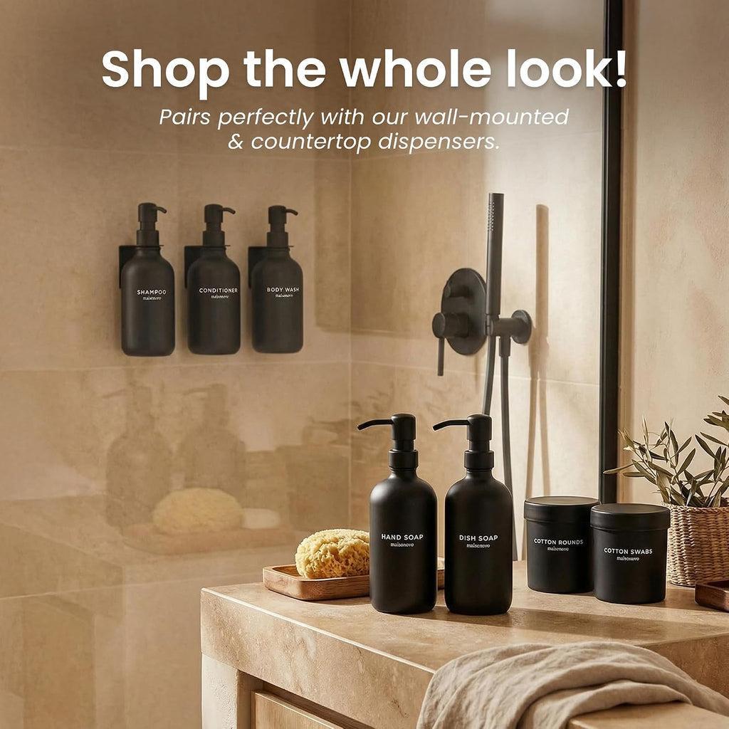 MaisoNovo Glass Bathroom Containers with Lids (Airtight) - Qtip Holder - Apothecary Jars for Cotton Rounds, Swabs, Balls, Pads - Black Q Tip Dispenser - 2 pcs Bathroom Canisters Set for Organization