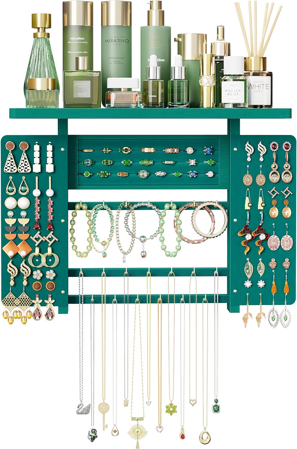 Emfogo Jewelry Organizer Hanging Wall Mounted Jewelry Holder, 5-in-1 Large Capacity Necklace Organizer Wall Hanging Jewelry Display for Ring, Necklaces, Bracelets, Earrings (Green)