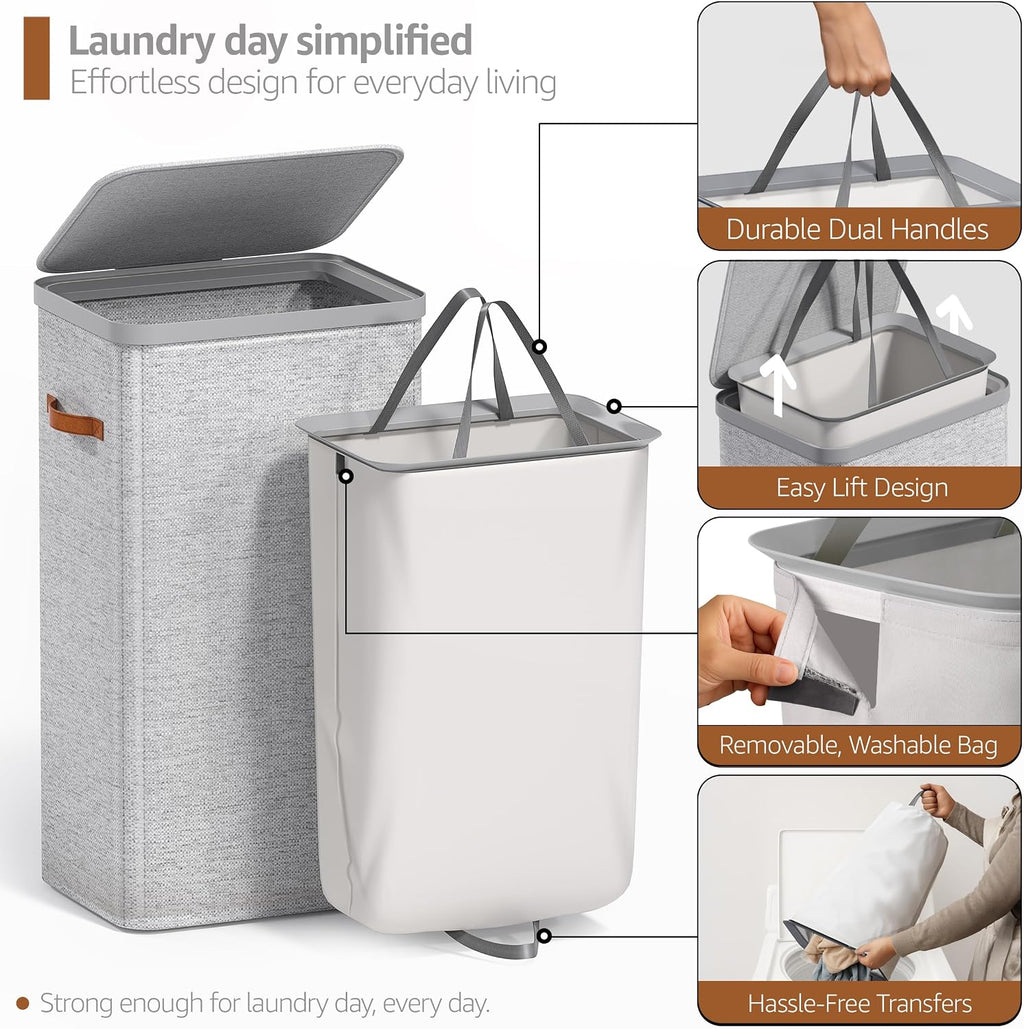 Sorbus Laundry Hamper with Lid - Collapsible Fabric Laundry Basket with Handles and Removable Laundry Bag – 26.5 Gallon (100 L) Dirty Clothes Hamper for Bedroom, bathroom and dorm - 2 Pack (Gray)