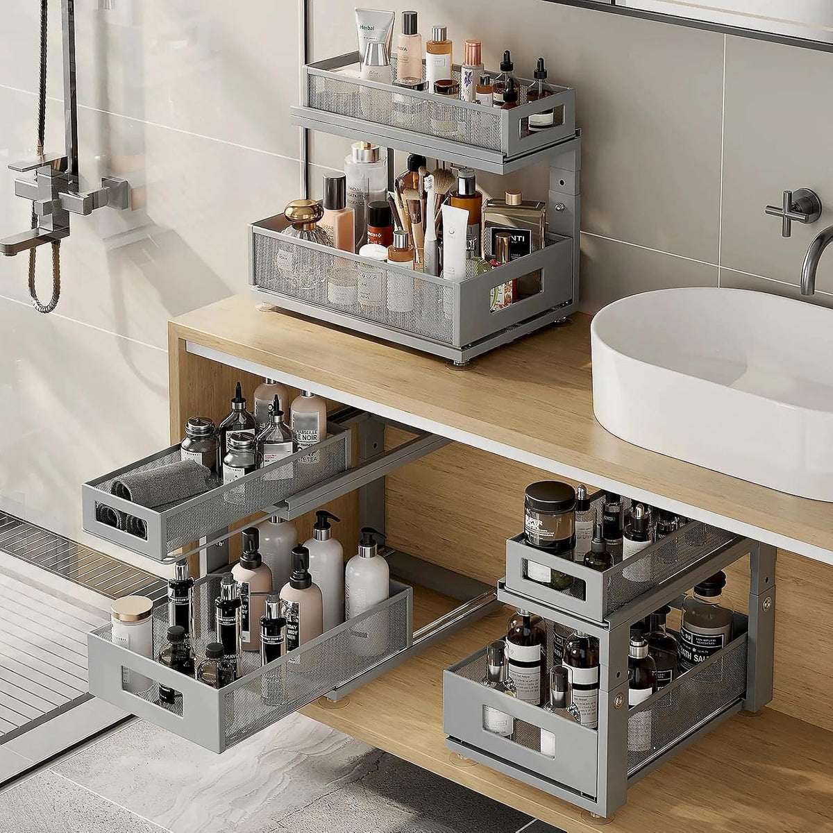 2 Pack 15.74IN-Depth Under Sink Organizer With Next-Gen Ball-Bearing Slides,2-Tier Pull Out Cabinet Storage,Height Adjustable Drawer Shelf for Bathroom,Kitchen,Laundry,Cabinet,Pantry-Gun Gray