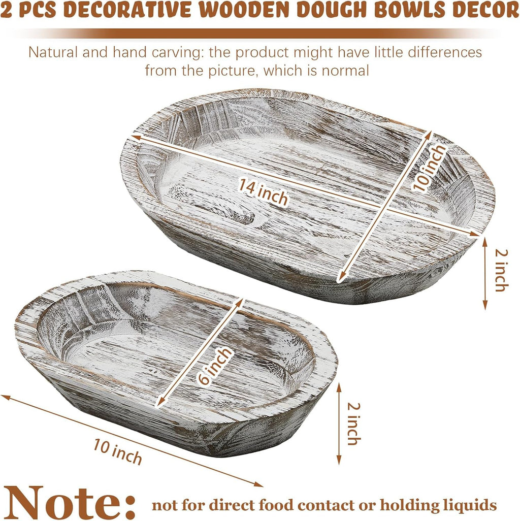 2 Pcs Wooden Dough Bowl, 10 x 6 x 2 Inch, 14 x 10 x 2 Inch, White