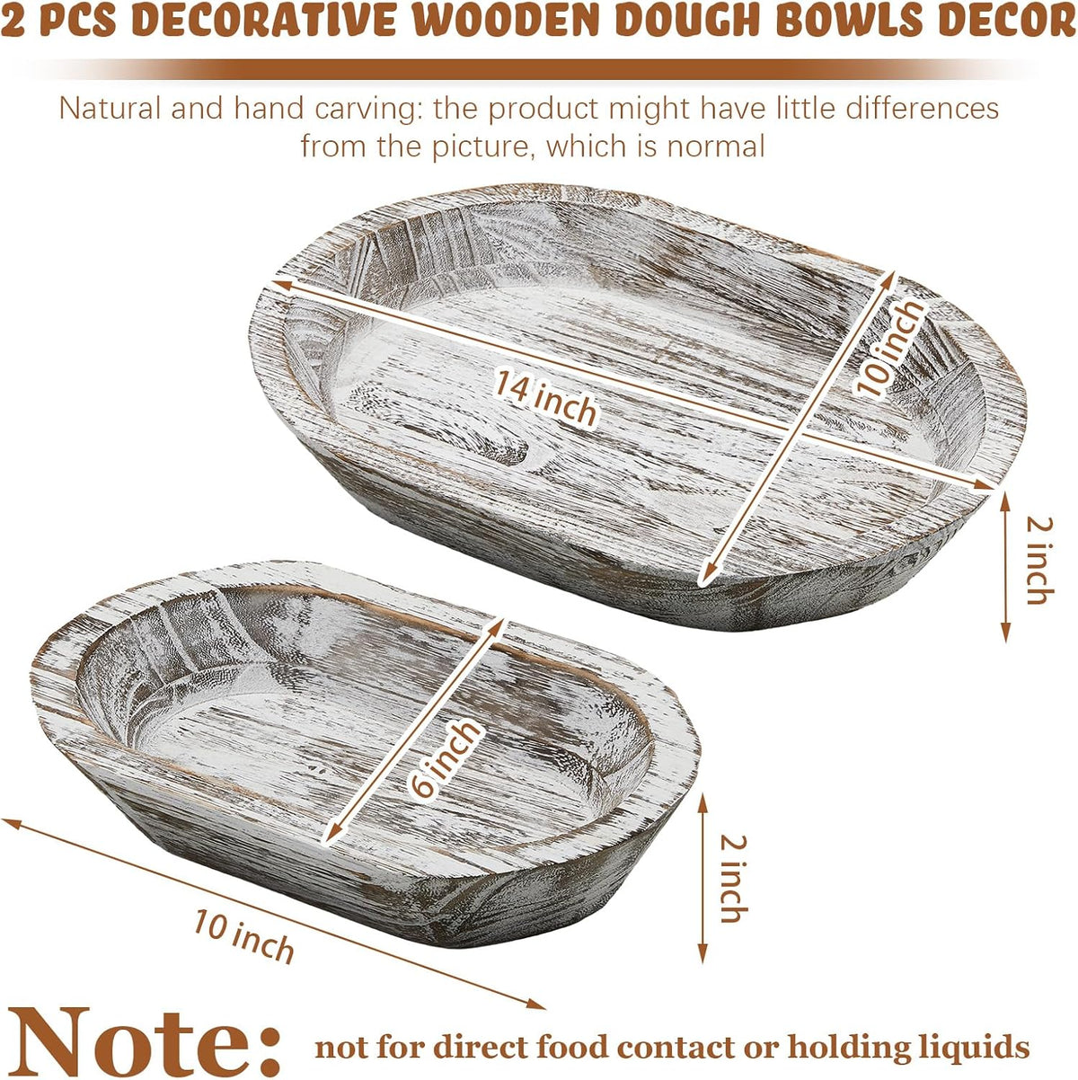 2 Pcs Wooden Dough Bowl, 10 x 6 x 2 Inch, 14 x 10 x 2 Inch, White