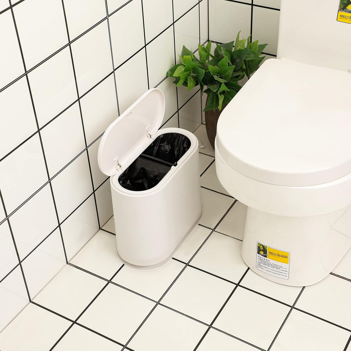 12L White Slim Bathroom Trash Can with Press Top Lid,3.17 Gallon Pet/Dog Proof Kitchen Trash Can,Thin Garbage Can,Covered Wastebasket,Narrow Small Plastic Trashcan for Craft Room,Bedroom,Office,Dorm