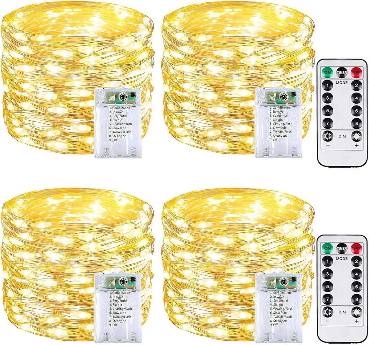 4 Pack 60 LED Fairy Lights Battery Operated with Remote, 20 FT Warm White