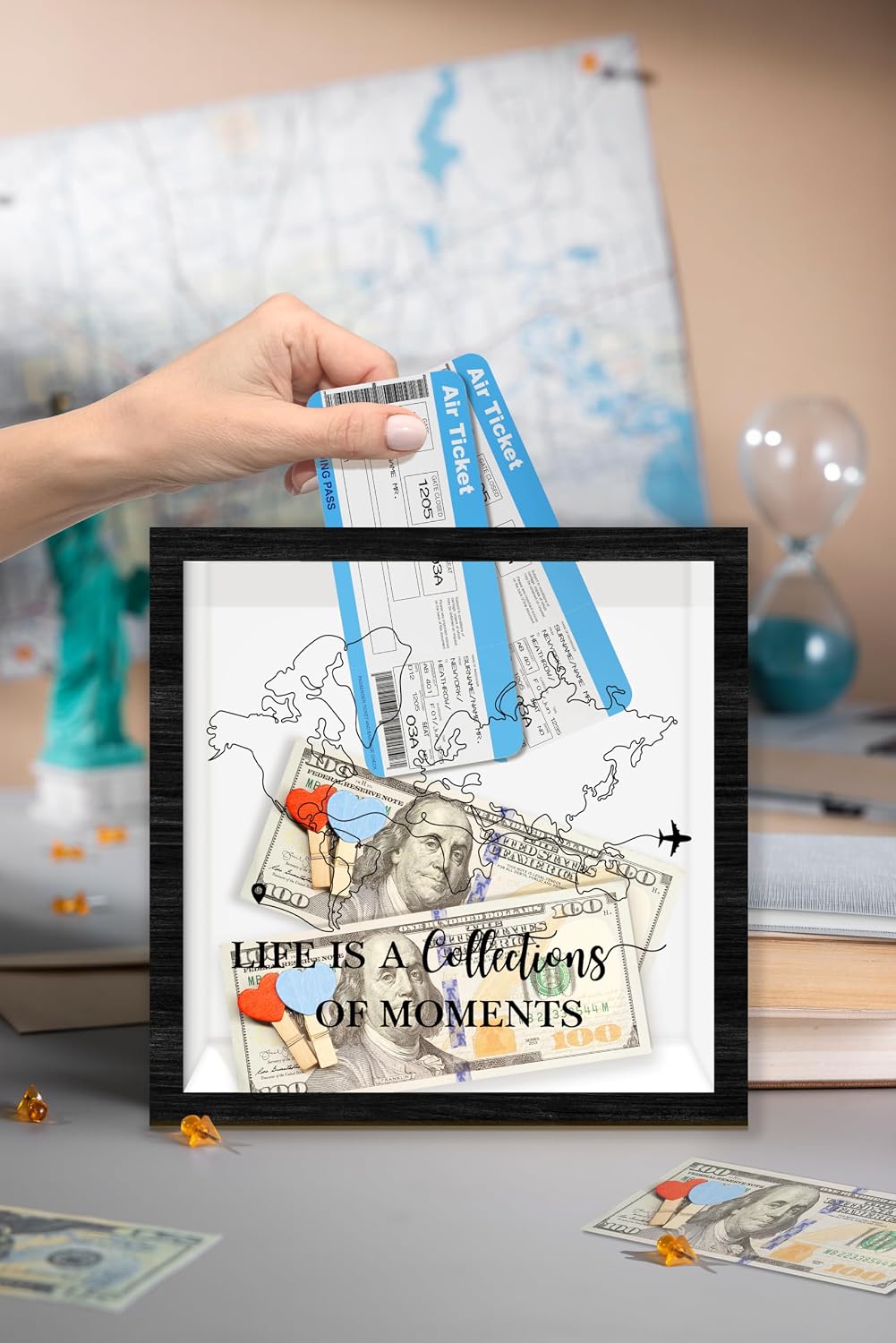 Black Travel Shadow Box Frame with Slot, Life is A Collections of Moments Boxes Frames for Fund, 8x8 Memory Box for Keepsakes, Travel Gifts and Decorations, 02