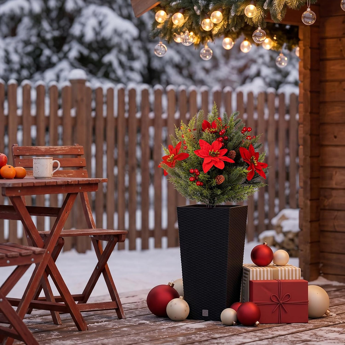 Artificial Christmas Cypress Poinsettia Flower Topiary Shrubs, Faux Greenery Ball Bush for Christmas Decoration,24.8" Fake Tree with Ground Spike,UV Resistant Plants for Front Porch Decor,Set of 2